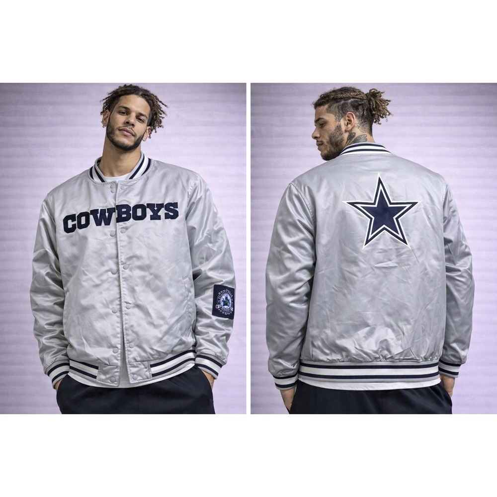 Dallas Cowboys Satin Bomber Jacket Men's Large Silver Gray NFL Ultra Game NWT